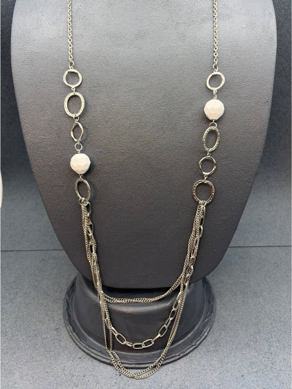 Layered Chain Necklace 39 In White Faceted Bead Silver Hammered Circle Links